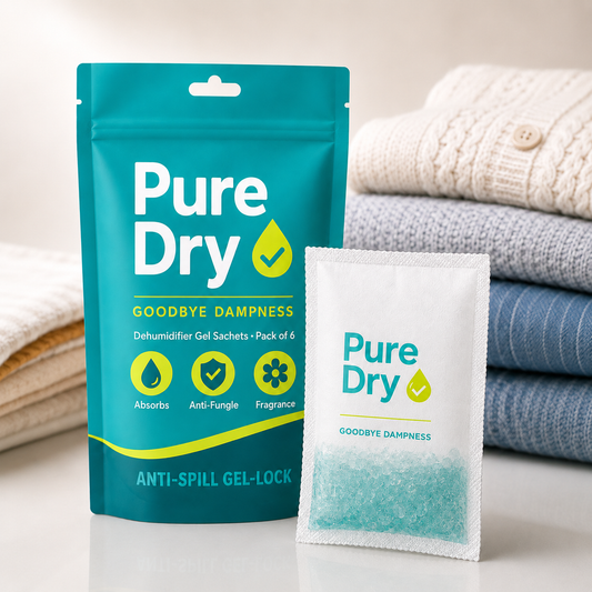 Pure Dry Moisture Absorber Gel Sachets — Pack of 6 | Goodbye Dampness for Wardrobe, Shoes & Car