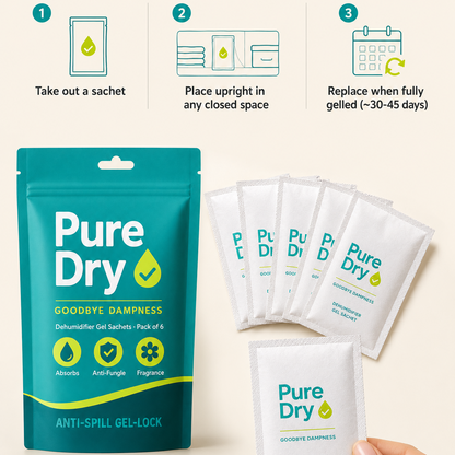 Pure Dry Moisture Absorber Gel Sachets — Pack of 6 | Goodbye Dampness for Wardrobe, Shoes & Car