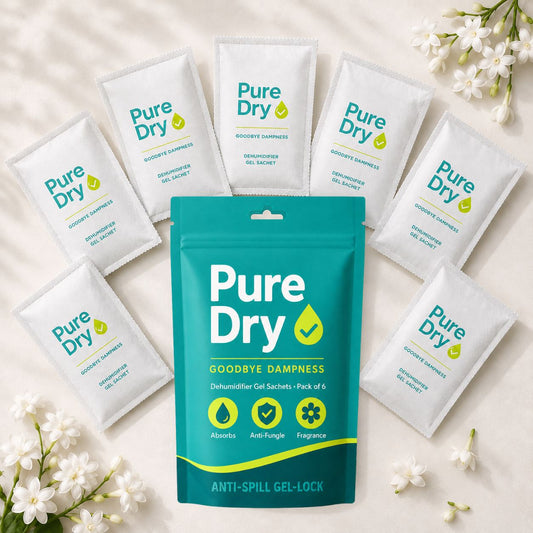 Pure Dry Moisture Absorber Gel Sachets — Pack of 6 | Goodbye Dampness for Wardrobe, Shoes & Car