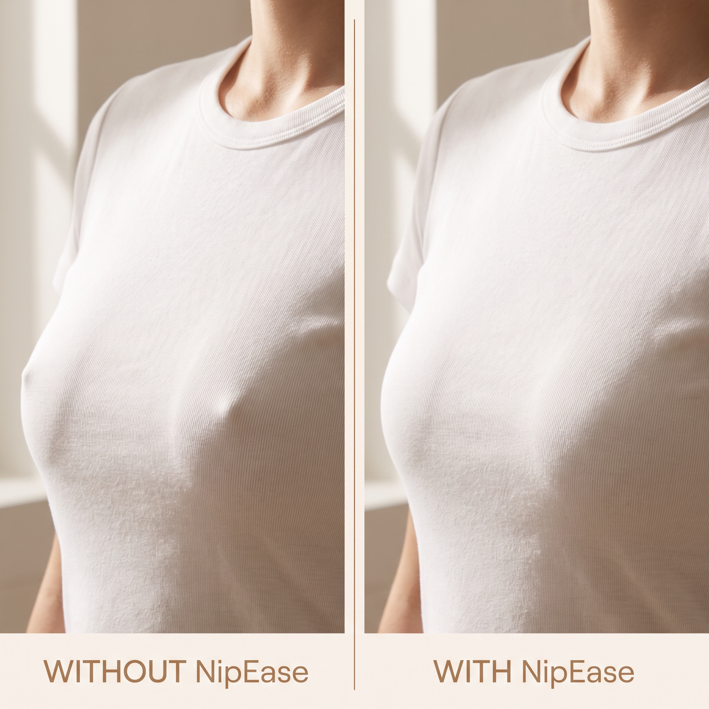Without NipEase vs with NipEase - smooth, seamless line under a white tee