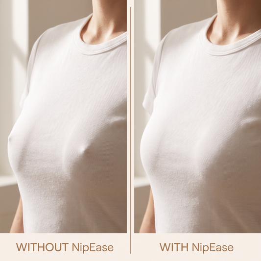 Without NipEase vs with NipEase - smooth, seamless line under a white tee